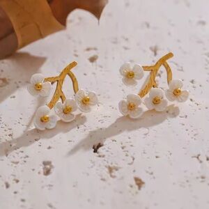 White Floral  Blossom Gold Stainless Steel Earrings